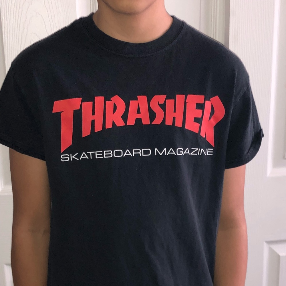 Red trashed logo shirt
